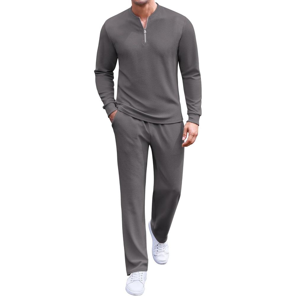 imageCOOFANDY Mens 2 Piece Tracksuit Set Polo Athletic Sweatsuit Quarter Zip Jogging Long Sleeve Casual Sports OutfitsDark Grey