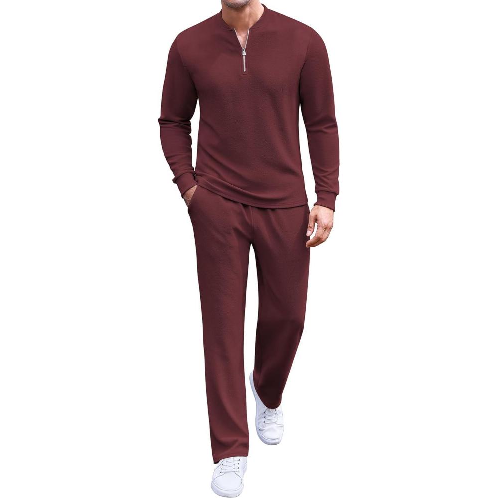 imageCOOFANDY Mens 2 Piece Tracksuit Set Polo Athletic Sweatsuit Quarter Zip Jogging Long Sleeve Casual Sports OutfitsDark Red