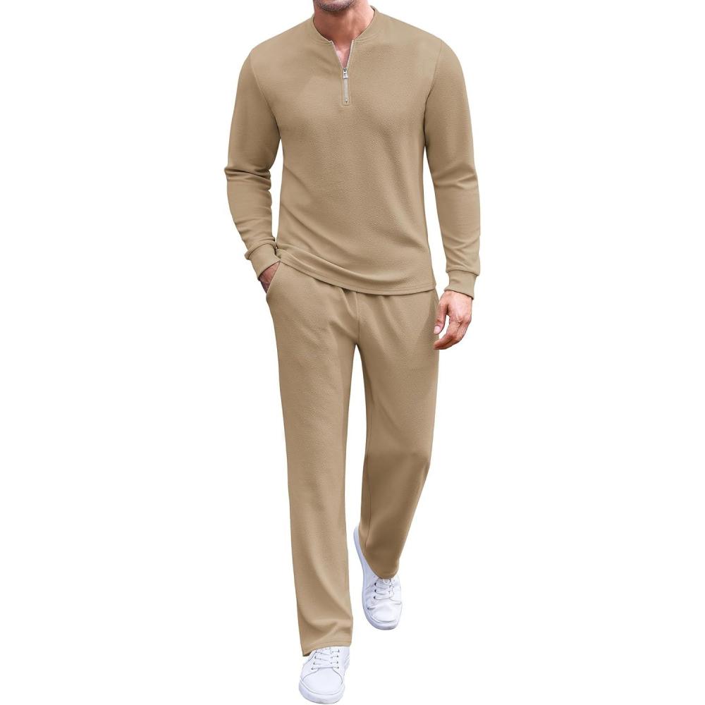 imageCOOFANDY Mens 2 Piece Tracksuit Set Polo Athletic Sweatsuit Quarter Zip Jogging Long Sleeve Casual Sports OutfitsKhaki