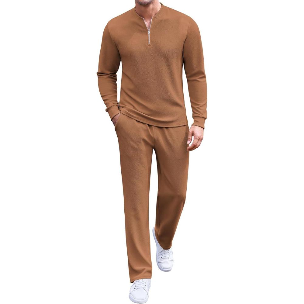 imageCOOFANDY Mens 2 Piece Tracksuit Set Polo Athletic Sweatsuit Quarter Zip Jogging Long Sleeve Casual Sports OutfitsLight Brown