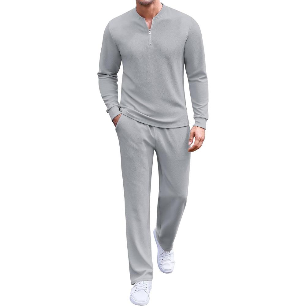 imageCOOFANDY Mens 2 Piece Tracksuit Set Polo Athletic Sweatsuit Quarter Zip Jogging Long Sleeve Casual Sports OutfitsLight Grey
