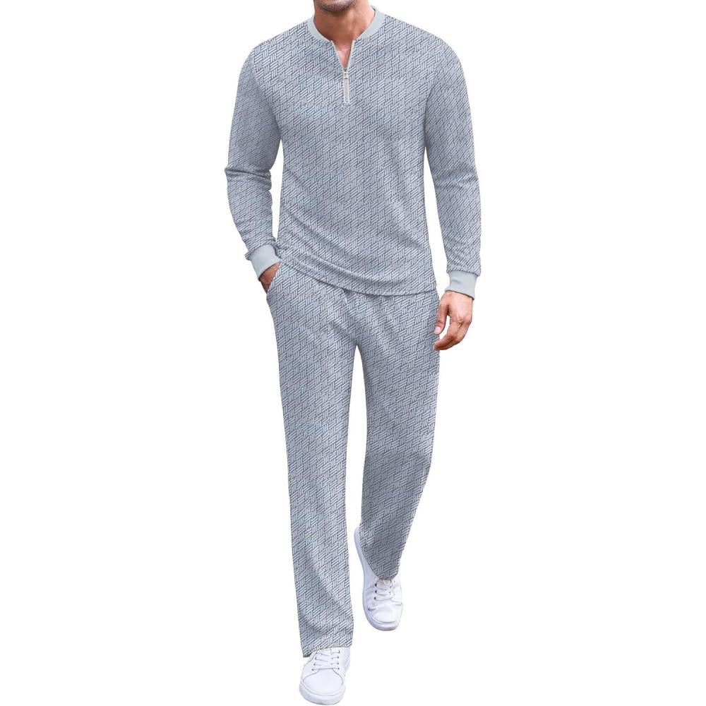imageCOOFANDY Mens 2 Piece Tracksuit Set Polo Athletic Sweatsuit Quarter Zip Jogging Long Sleeve Casual Sports OutfitsLight Grey Jacquard