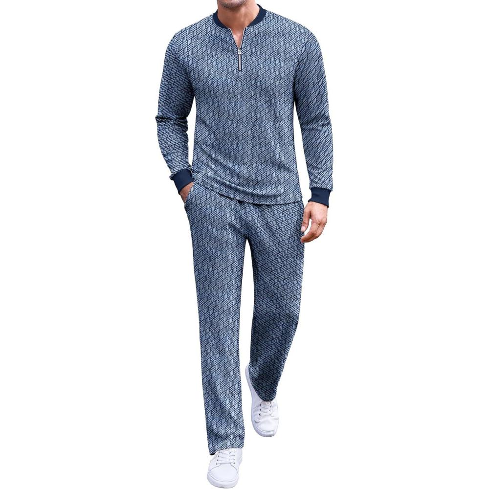 imageCOOFANDY Mens 2 Piece Tracksuit Set Polo Athletic Sweatsuit Quarter Zip Jogging Long Sleeve Casual Sports OutfitsNavy Blue Jacquard