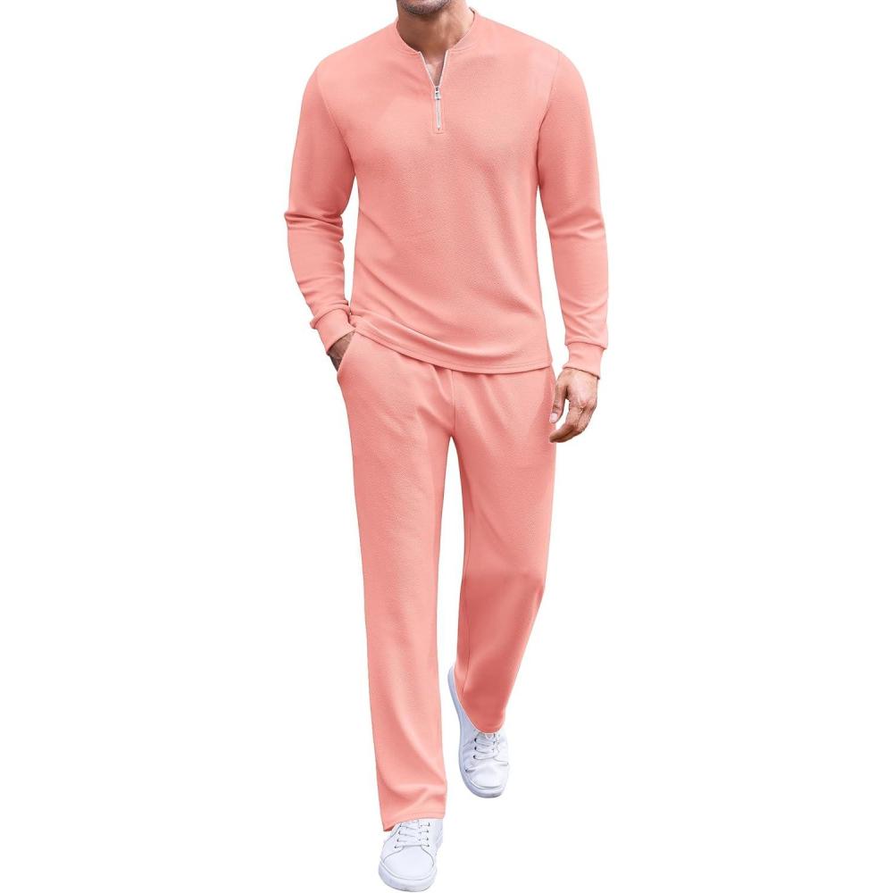 imageCOOFANDY Mens 2 Piece Tracksuit Set Polo Athletic Sweatsuit Quarter Zip Jogging Long Sleeve Casual Sports OutfitsPink
