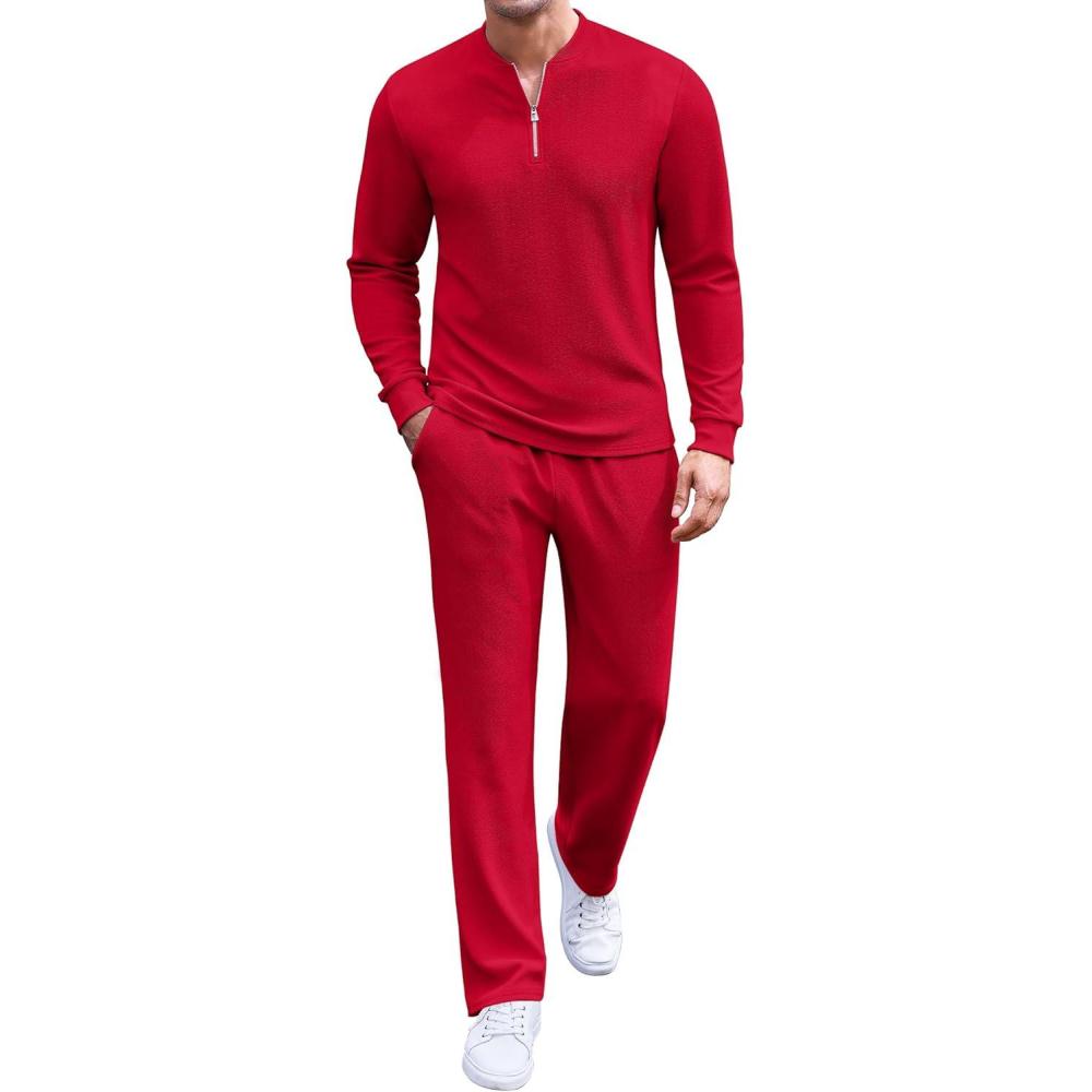 imageCOOFANDY Mens 2 Piece Tracksuit Set Polo Athletic Sweatsuit Quarter Zip Jogging Long Sleeve Casual Sports OutfitsRed