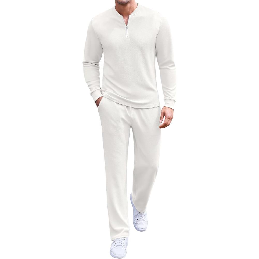 imageCOOFANDY Mens 2 Piece Tracksuit Set Polo Athletic Sweatsuit Quarter Zip Jogging Long Sleeve Casual Sports OutfitsWhite