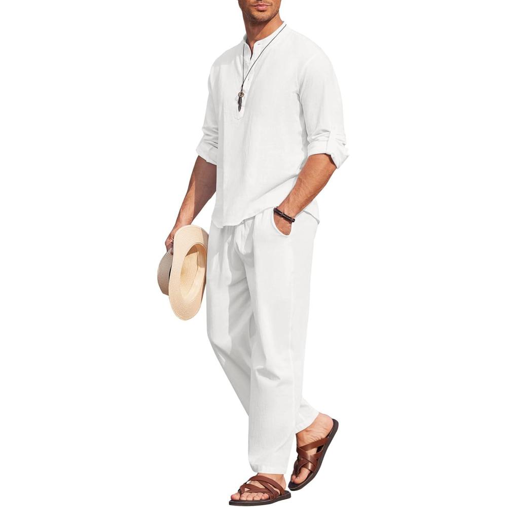 imageCOOFANDY Mens 2 Pieces Cotton Linen Set Long Sleeve Henley Shirts Casual Beach Pants With Pockets Summer Yoga OutfitsAll White