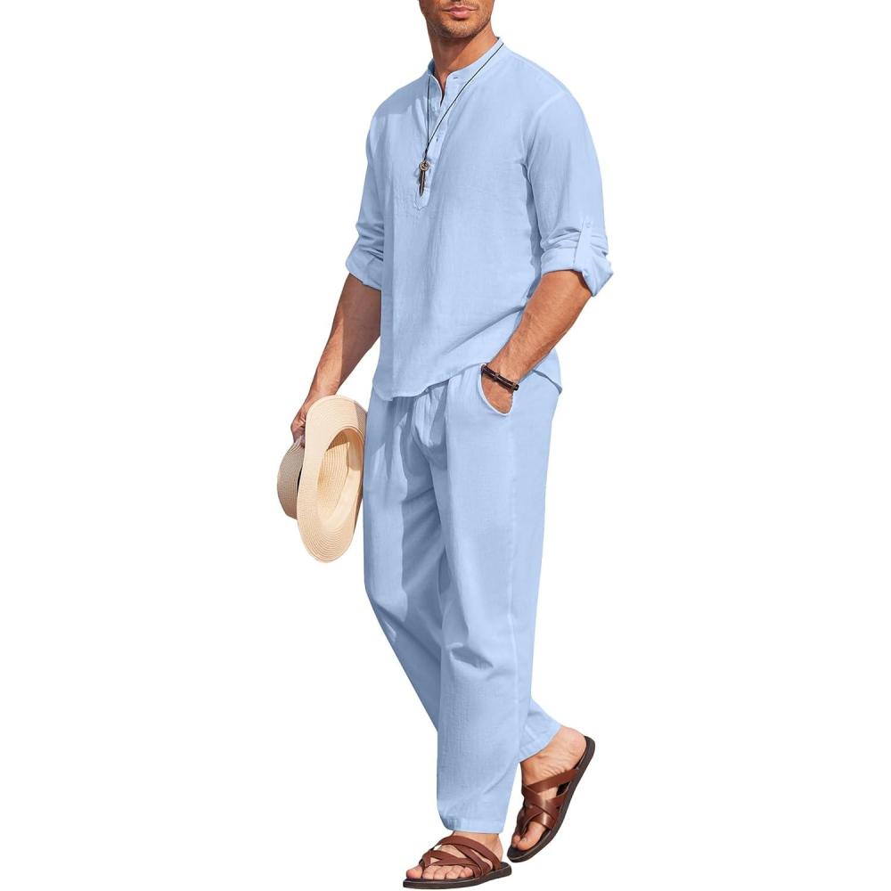 imageCOOFANDY Mens 2 Pieces Cotton Linen Set Long Sleeve Henley Shirts Casual Beach Pants With Pockets Summer Yoga OutfitsBlue