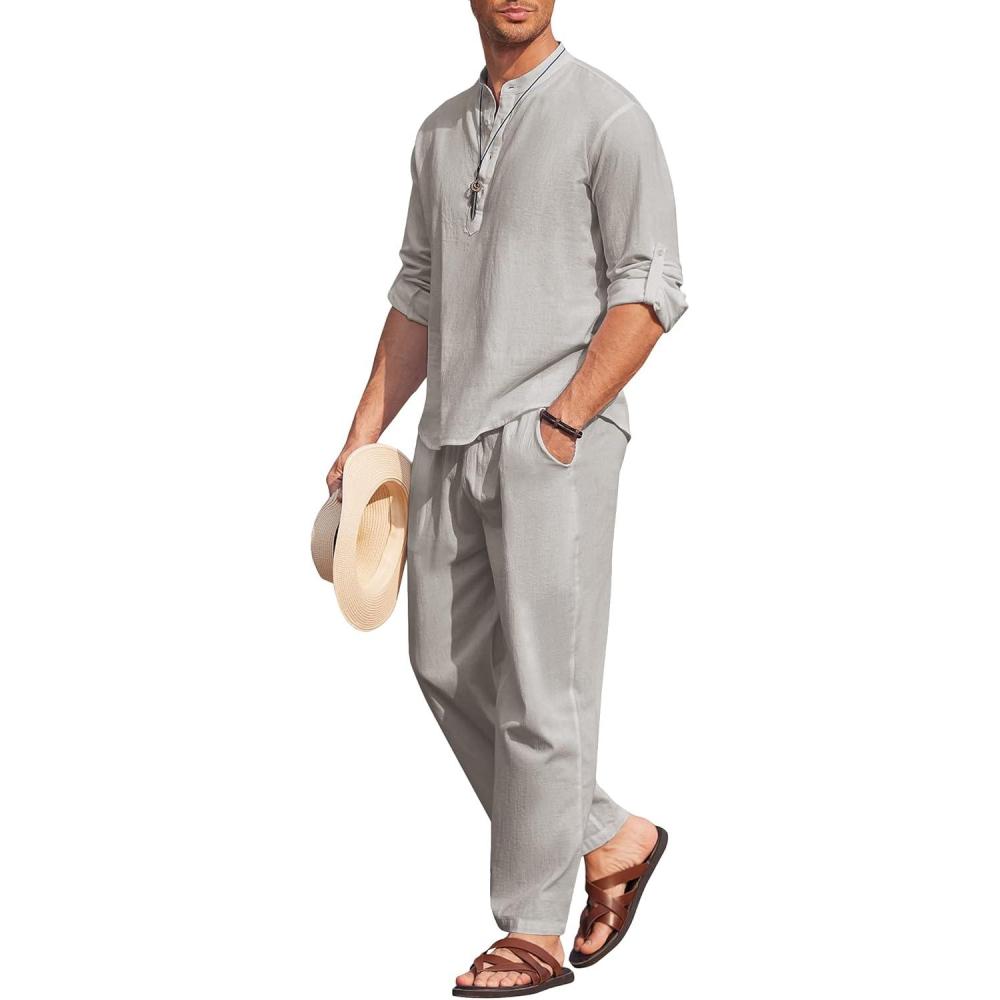 imageCOOFANDY Mens 2 Pieces Cotton Linen Set Long Sleeve Henley Shirts Casual Beach Pants With Pockets Summer Yoga OutfitsGrey