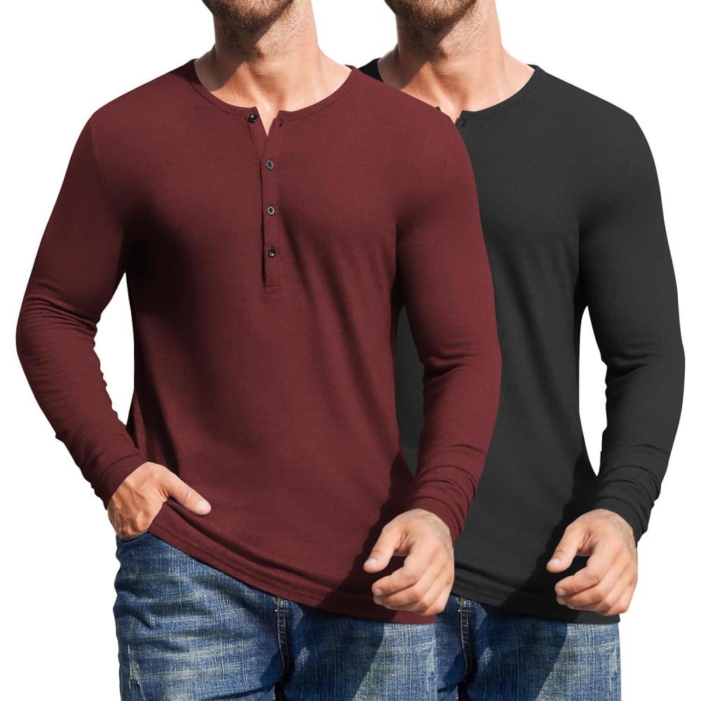imageCOOFANDY Mens 2Pack Slim Fit Henley Shirts Long Sleeve Lightweight Fashion Casual Cotton Basic T ShirtsBlackWine Red