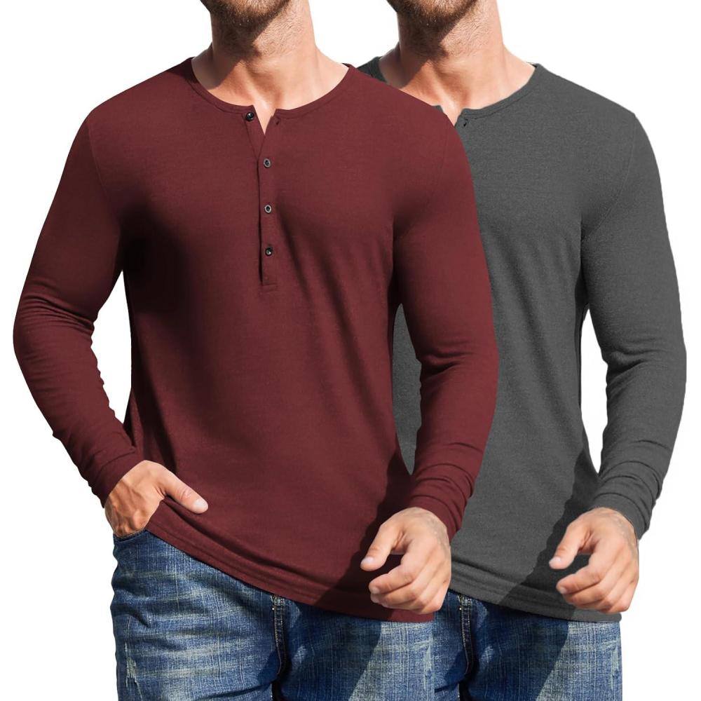 imageCOOFANDY Mens 2Pack Slim Fit Henley Shirts Long Sleeve Lightweight Fashion Casual Cotton Basic T ShirtsCharcoalWine Red