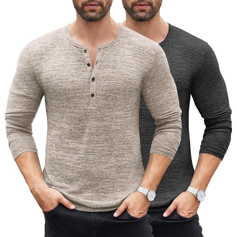 imageCOOFANDY Mens 2Pack Slim Fit Henley Shirts Long Sleeve Lightweight Fashion Casual Cotton Basic T ShirtsKhakiDark Gray
