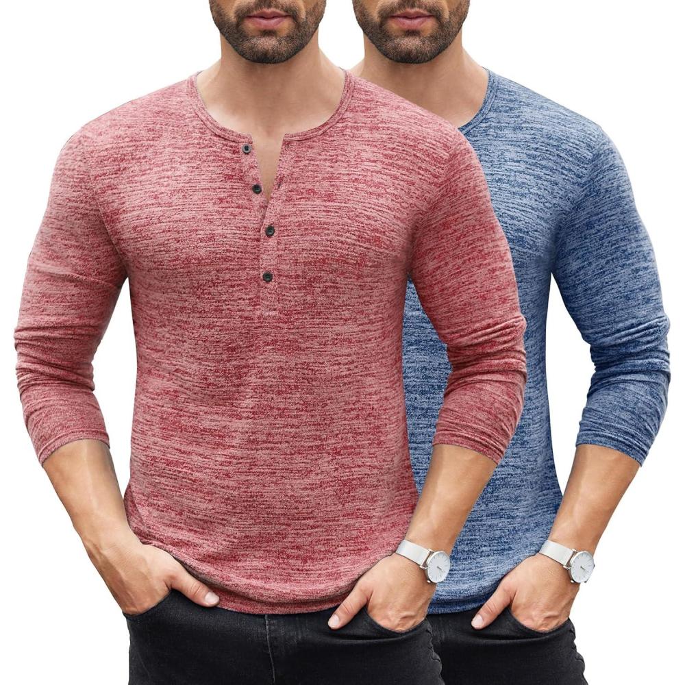 imageCOOFANDY Mens 2Pack Slim Fit Henley Shirts Long Sleeve Lightweight Fashion Casual Cotton Basic T ShirtsWine RedBlue