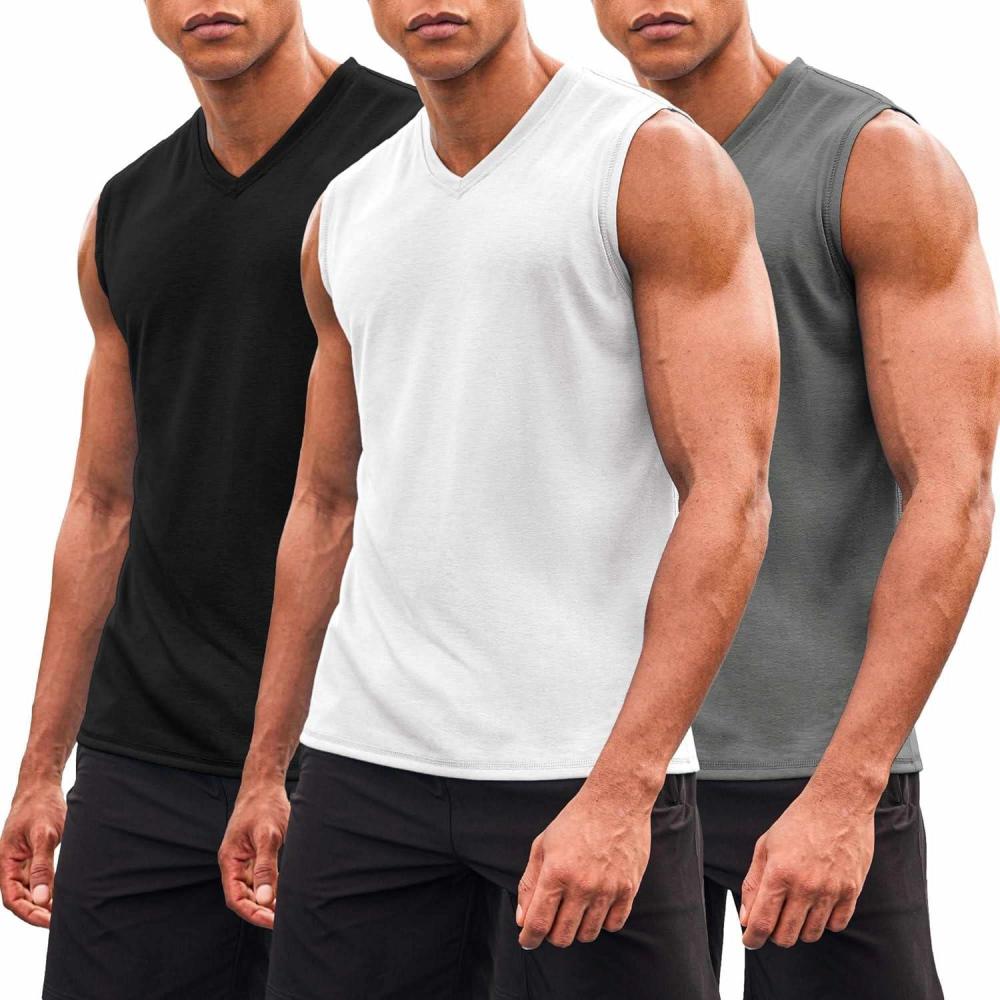 imageCOOFANDY Mens 3 Pack Workout Tank Tops Gym Sleeveless Shirts V Neck Bodybuilding Muscle Tee Shirt01whiteGreyBlack