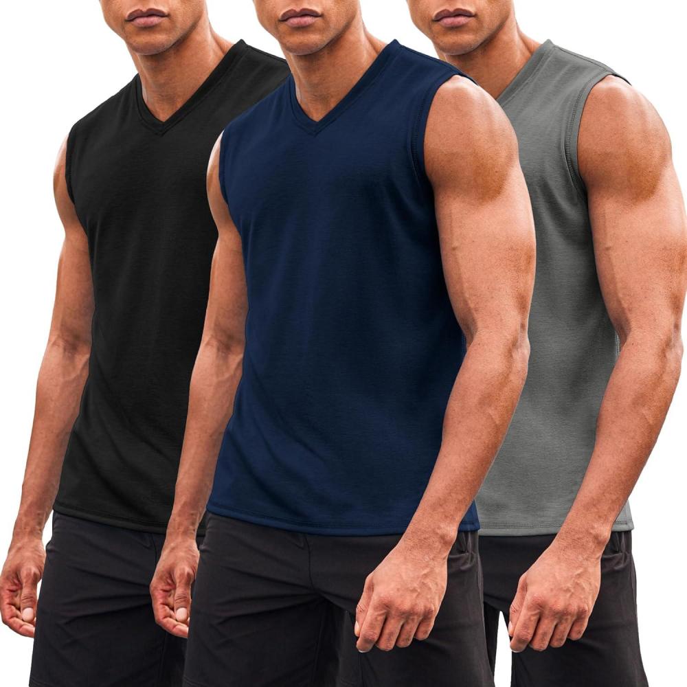 imageCOOFANDY Mens 3 Pack Workout Tank Tops Gym Sleeveless Shirts V Neck Bodybuilding Muscle Tee Shirt02light GreyNavy BlueBlack
