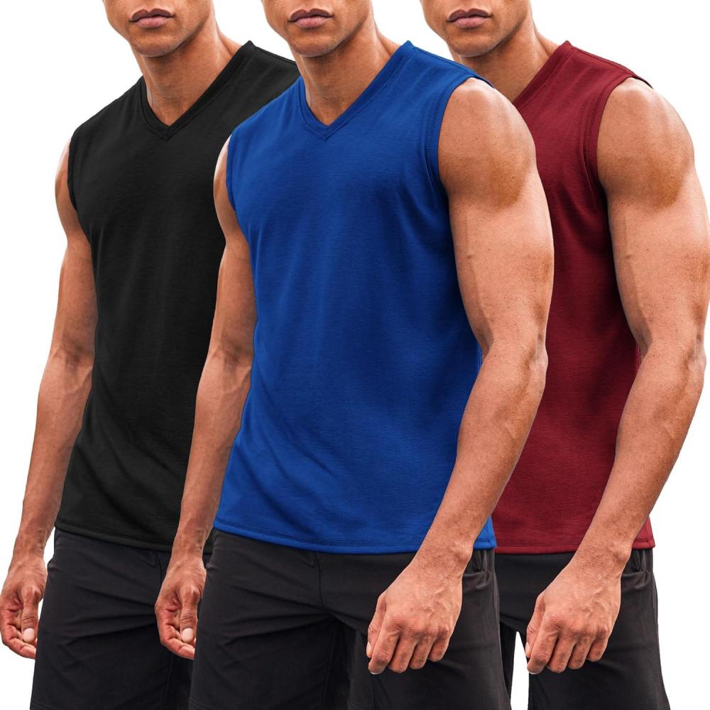 imageCOOFANDY Mens 3 Pack Workout Tank Tops Gym Sleeveless Shirts V Neck Bodybuilding Muscle Tee Shirt03wine RedRoyal BlueBlack
