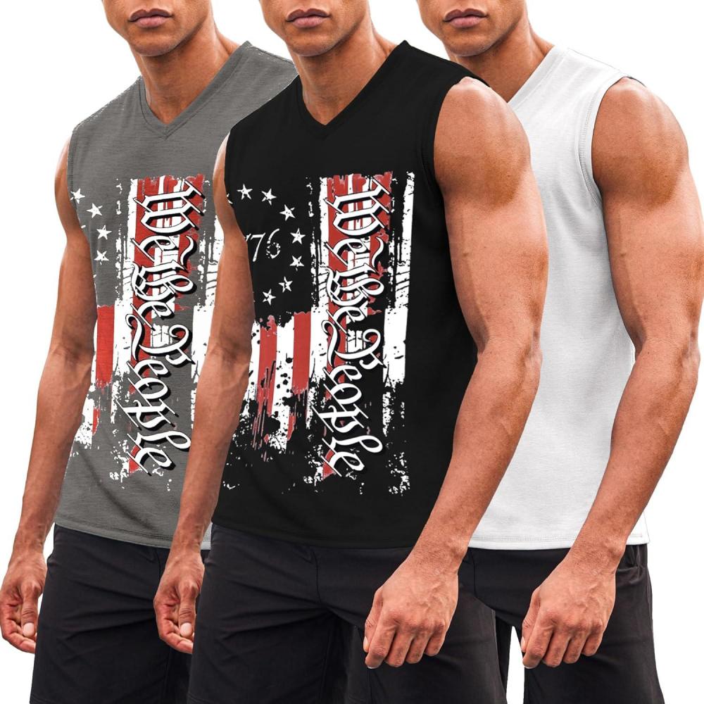 imageCOOFANDY Mens 3 Pack Workout Tank Tops Gym Sleeveless Shirts V Neck Bodybuilding Muscle Tee ShirtBlack FlagGrey FlagPure White