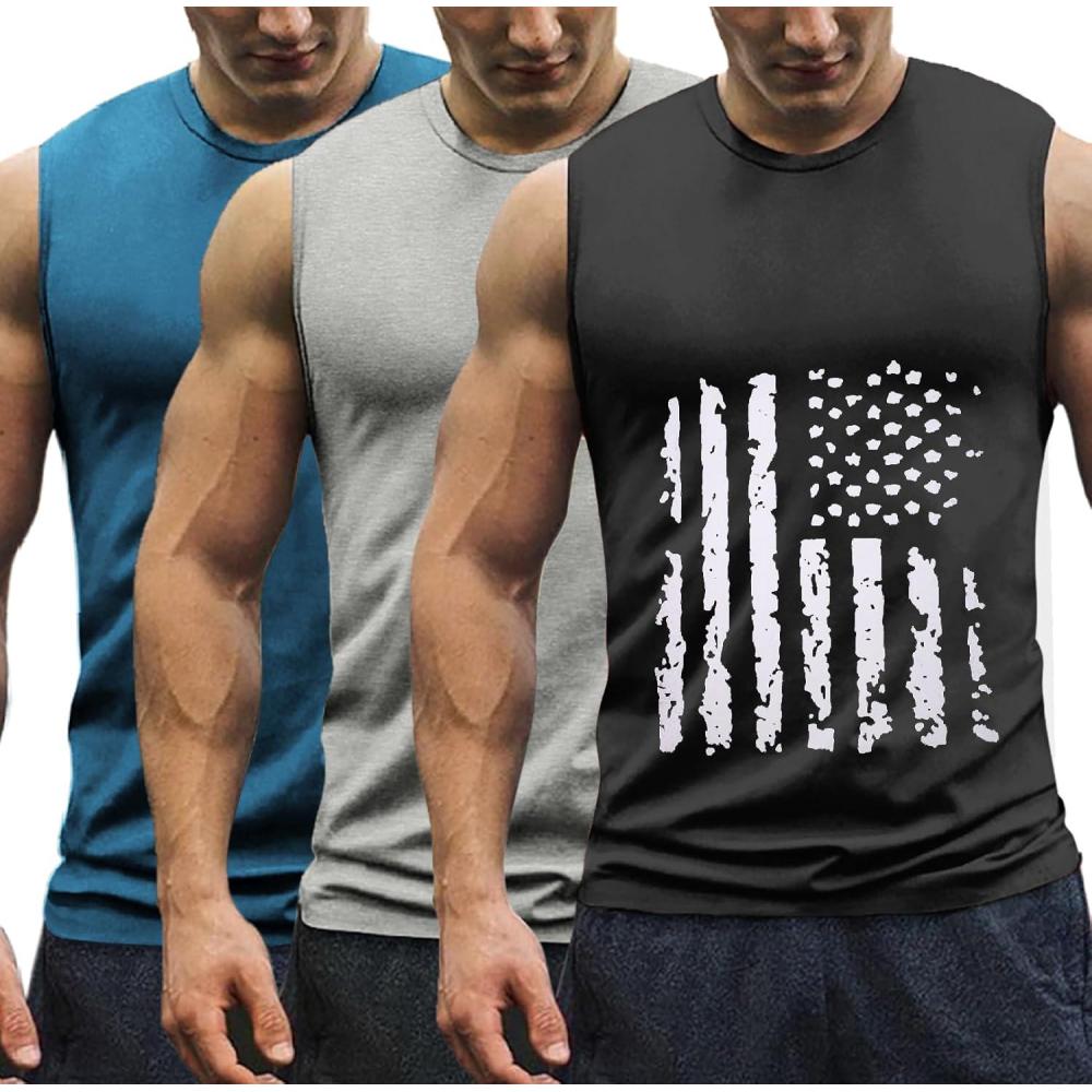 imageCOOFANDY Mens 3 Pack Workout Tank Tops Gym Sleeveless Shirts V Neck Bodybuilding Muscle Tee ShirtBlack FlagLight GreyPeacock Blue