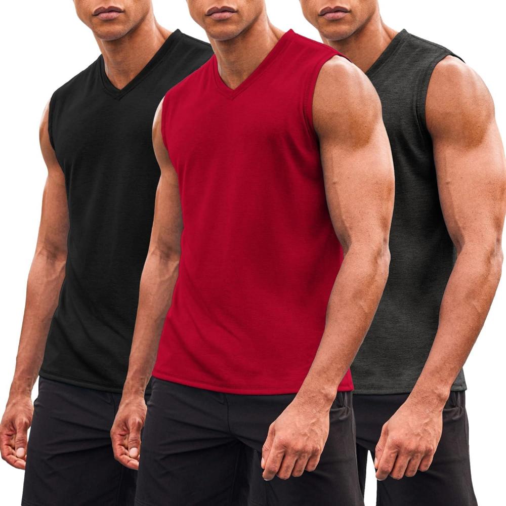 imageCOOFANDY Mens 3 Pack Workout Tank Tops Gym Sleeveless Shirts V Neck Bodybuilding Muscle Tee ShirtDark GreyRedBlack
