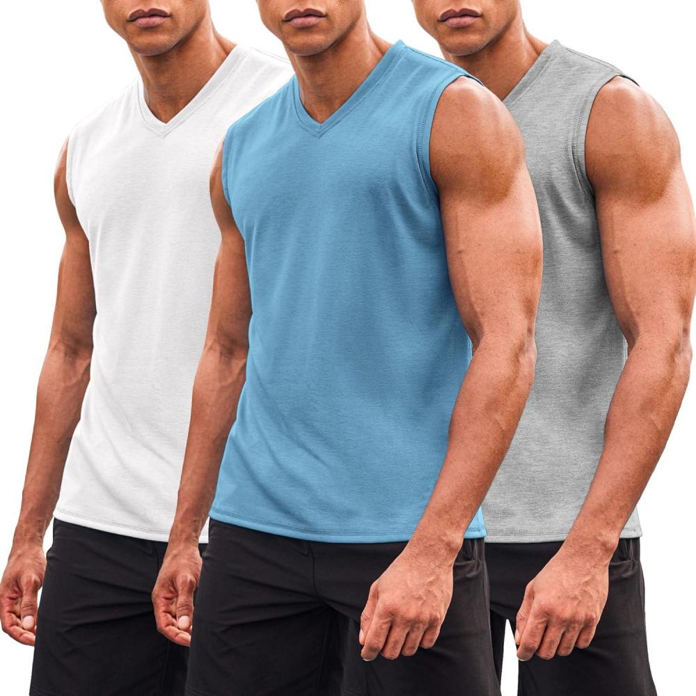 imageCOOFANDY Mens 3 Pack Workout Tank Tops Gym Sleeveless Shirts V Neck Bodybuilding Muscle Tee ShirtLight BlueWhiteMedium Grey