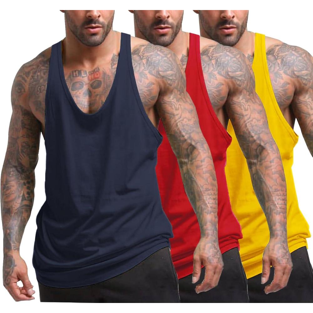 imageCOOFANDY Mens 3 Pack Workout Tank Tops Gym Sleeveless Shirts V Neck Bodybuilding Muscle Tee ShirtNavyRedYellow
