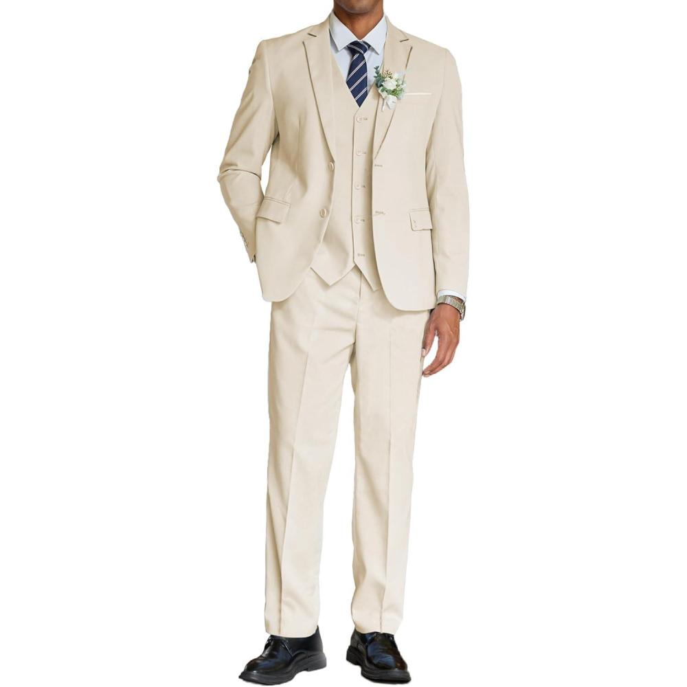 imageCOOFANDY Mens 3 Piece Linen Suits Casual Lightweight Blazer Jackets Vest Pants Set for Wedding Business PromBeige
