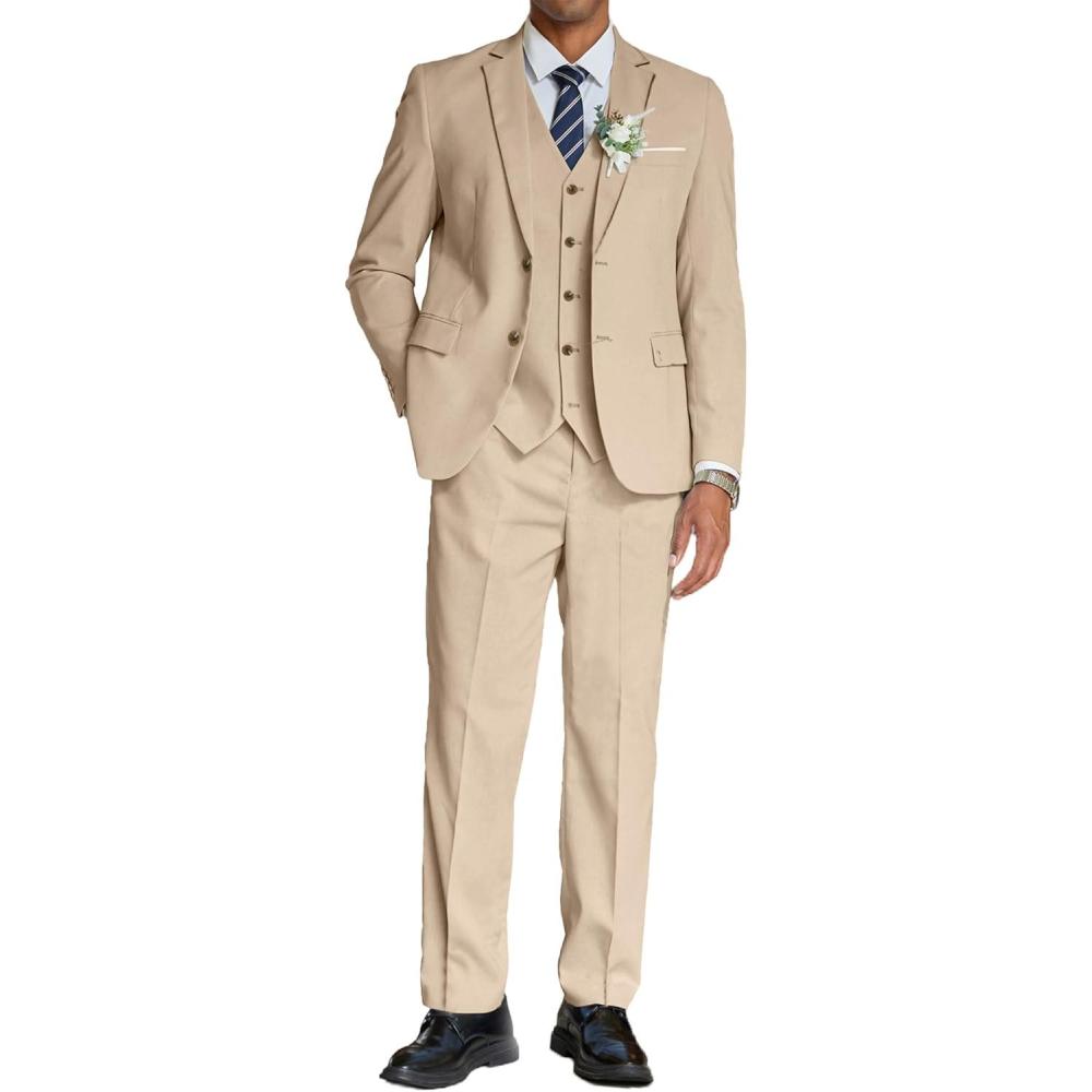 imageCOOFANDY Mens 3 Piece Linen Suits Casual Lightweight Blazer Jackets Vest Pants Set for Wedding Business PromKhaki