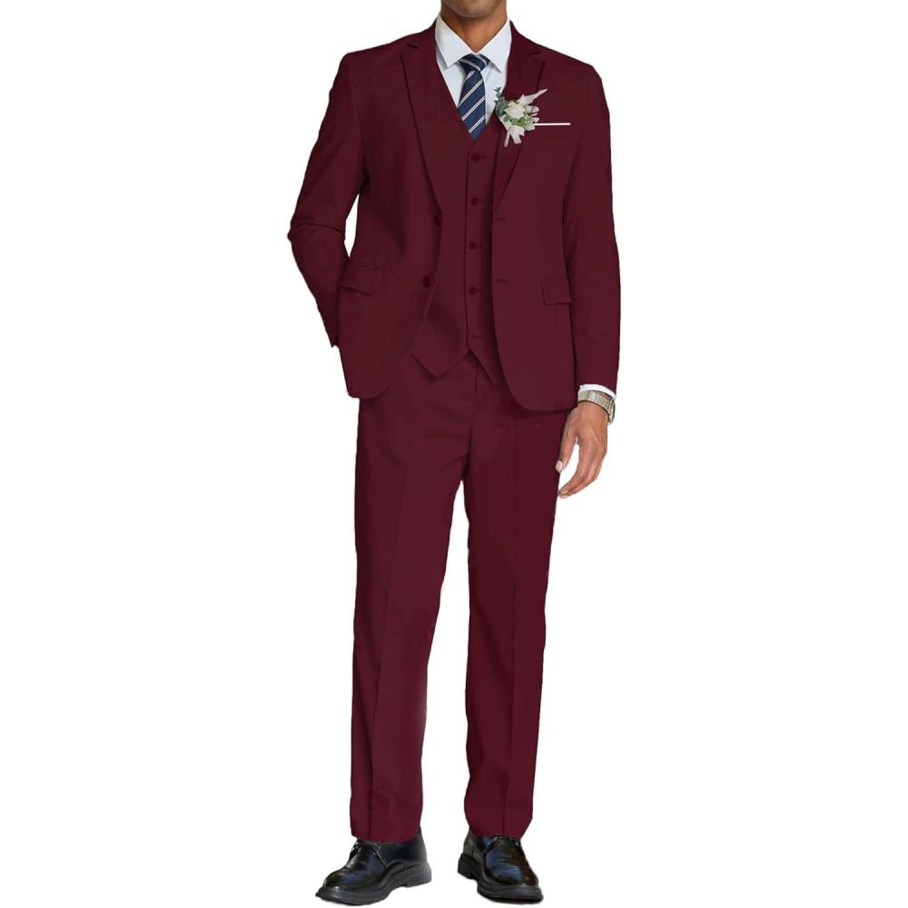 imageCOOFANDY Mens 3 Piece Linen Suits Casual Lightweight Blazer Jackets Vest Pants Set for Wedding Business PromWine Red