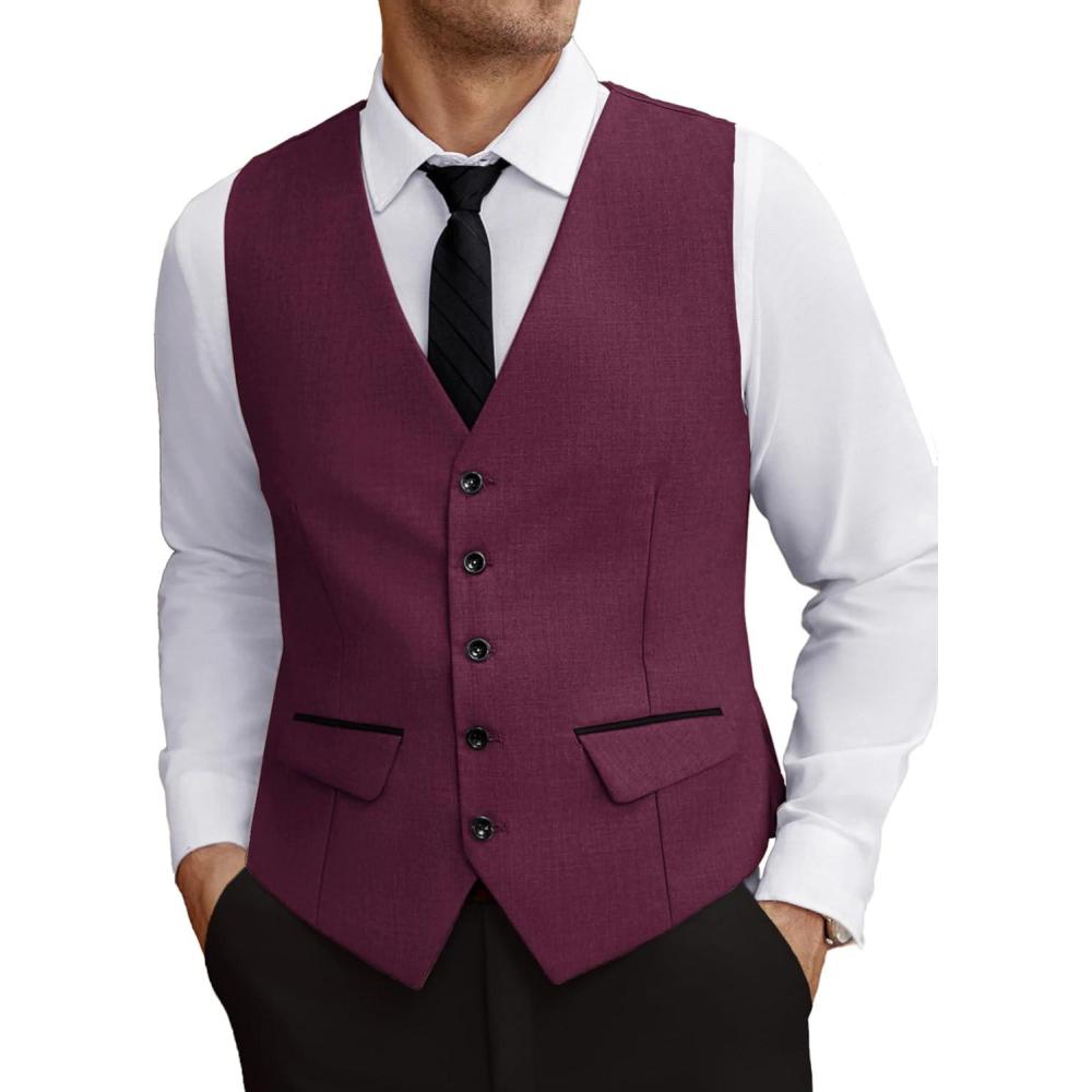 imageCOOFANDY Mens Business Suit Vest Slim Fit Dress Vest Wedding WaistcoatWine Red