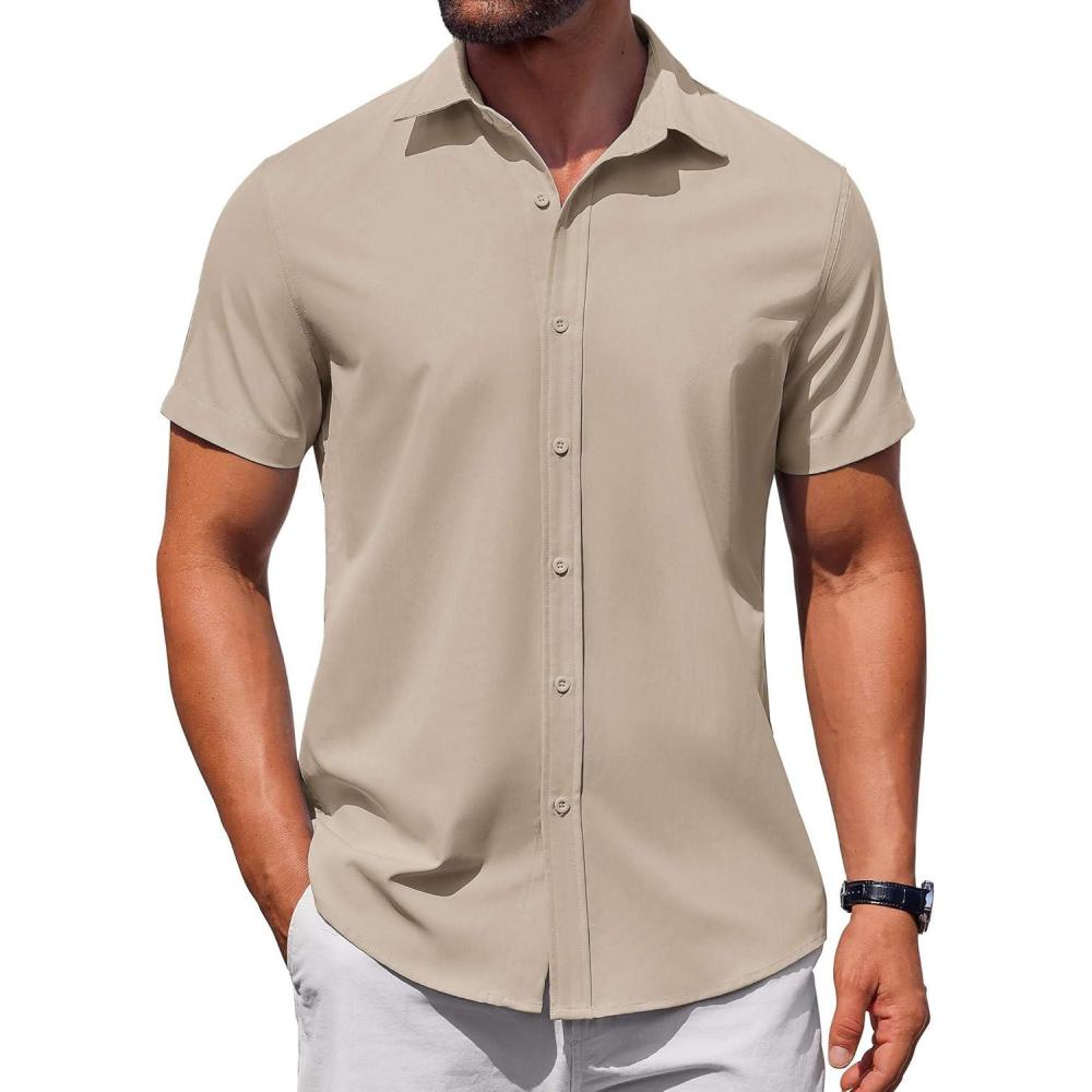 imageCOOFANDY Mens Button Down Shirt Short Sleeve Casual Shirt for Men Summer Business Casual Dress ShirtBeige