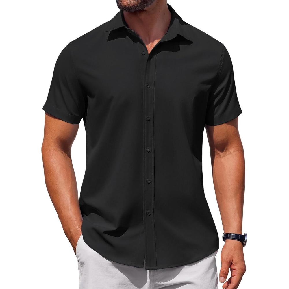 imageCOOFANDY Mens Button Down Shirt Short Sleeve Casual Shirt for Men Summer Business Casual Dress ShirtBlack