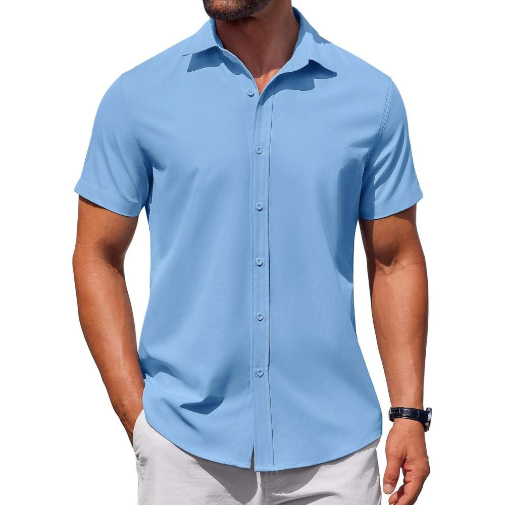 imageCOOFANDY Mens Button Down Shirt Short Sleeve Casual Shirt for Men Summer Business Casual Dress ShirtBlue