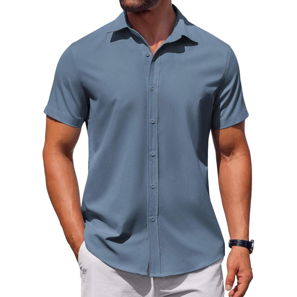 imageCOOFANDY Mens Button Down Shirt Short Sleeve Casual Shirt for Men Summer Business Casual Dress ShirtGrey Blue