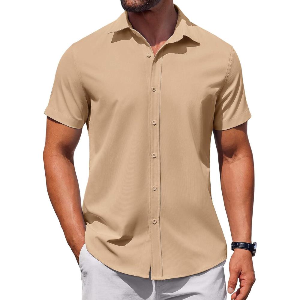 imageCOOFANDY Mens Button Down Shirt Short Sleeve Casual Shirt for Men Summer Business Casual Dress ShirtKhaki