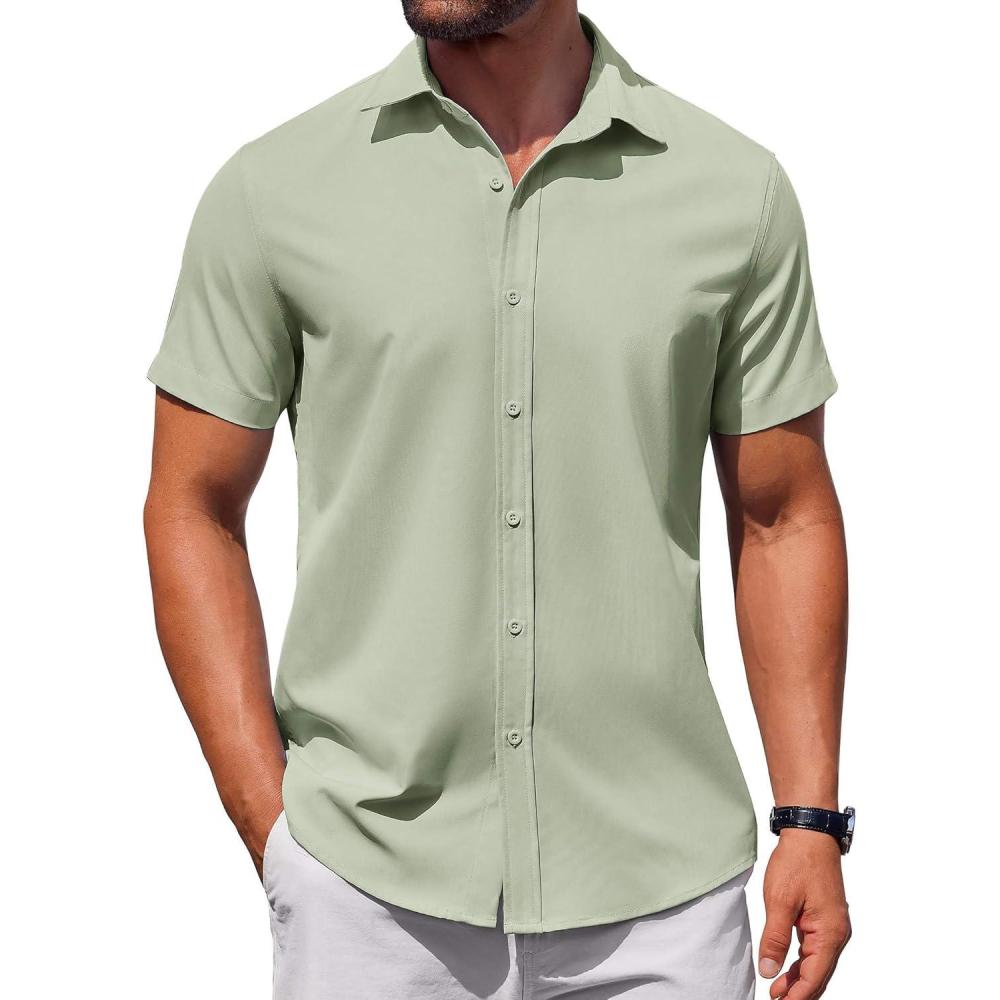 imageCOOFANDY Mens Button Down Shirt Short Sleeve Casual Shirt for Men Summer Business Casual Dress ShirtLight Green
