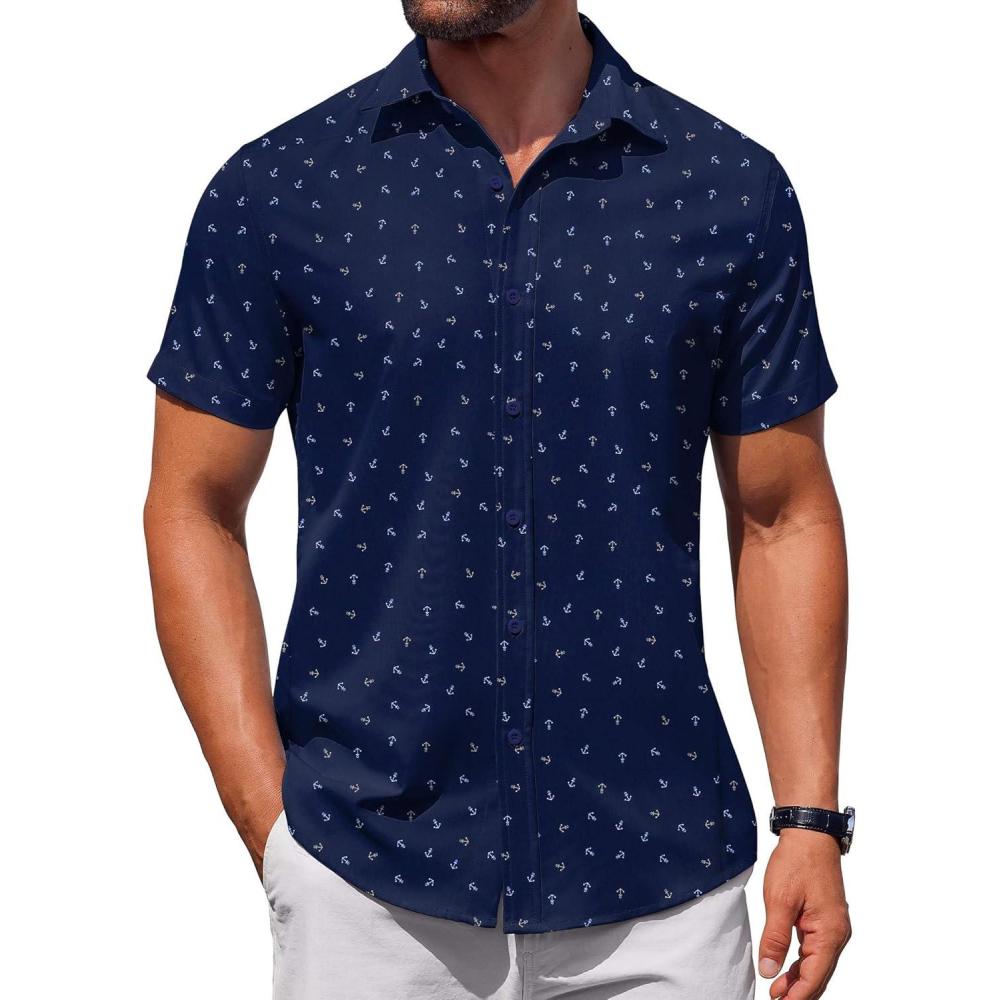 imageCOOFANDY Mens Button Down Shirt Short Sleeve Casual Shirt for Men Summer Business Casual Dress ShirtNavy Anchorwhite
