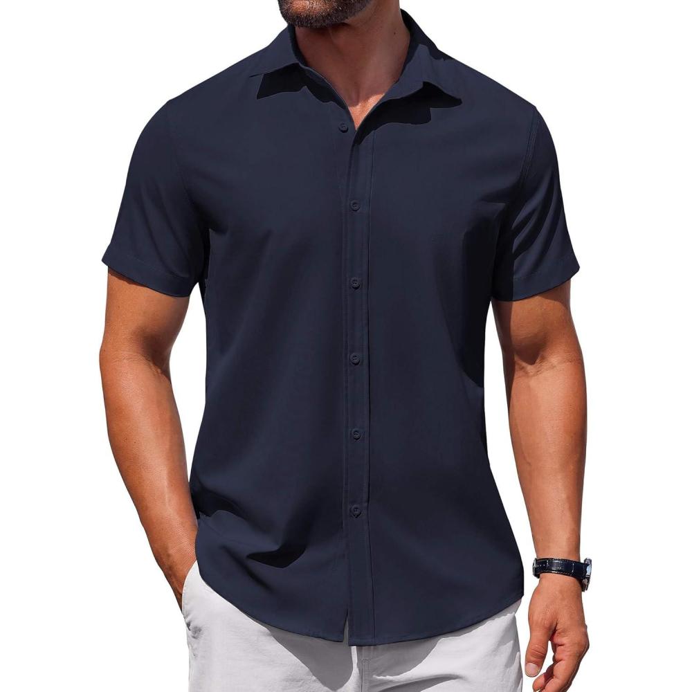 imageCOOFANDY Mens Button Down Shirt Short Sleeve Casual Shirt for Men Summer Business Casual Dress ShirtNavy Blue