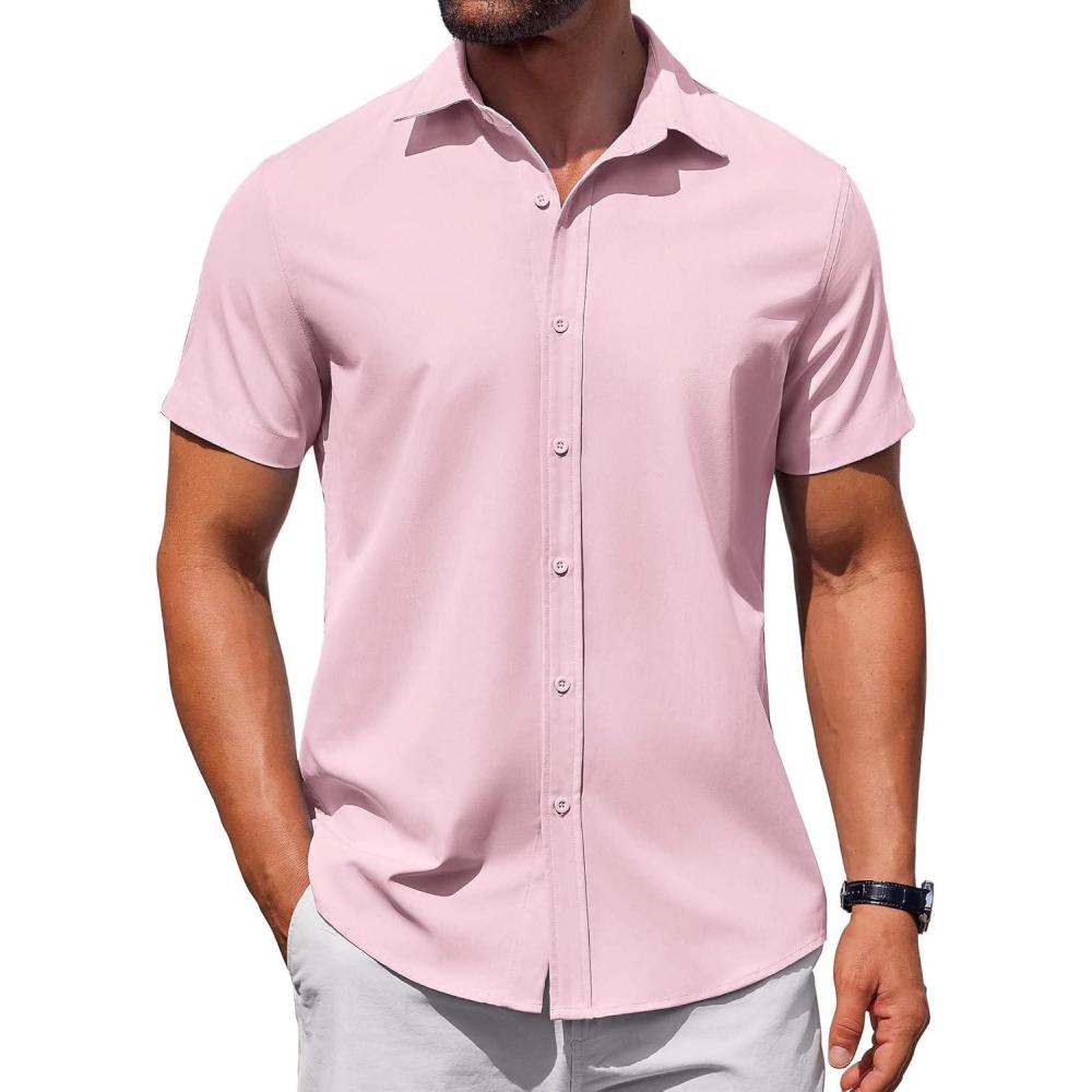 imageCOOFANDY Mens Button Down Shirt Short Sleeve Casual Shirt for Men Summer Business Casual Dress ShirtPink