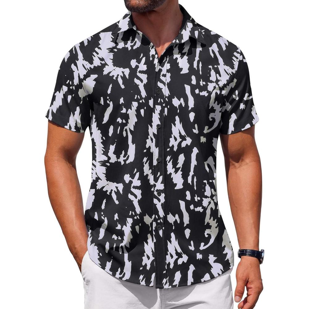 imageCOOFANDY Mens Button Down Shirt Short Sleeve Casual Shirt for Men Summer Business Casual Dress ShirtWhiteblack Abstract