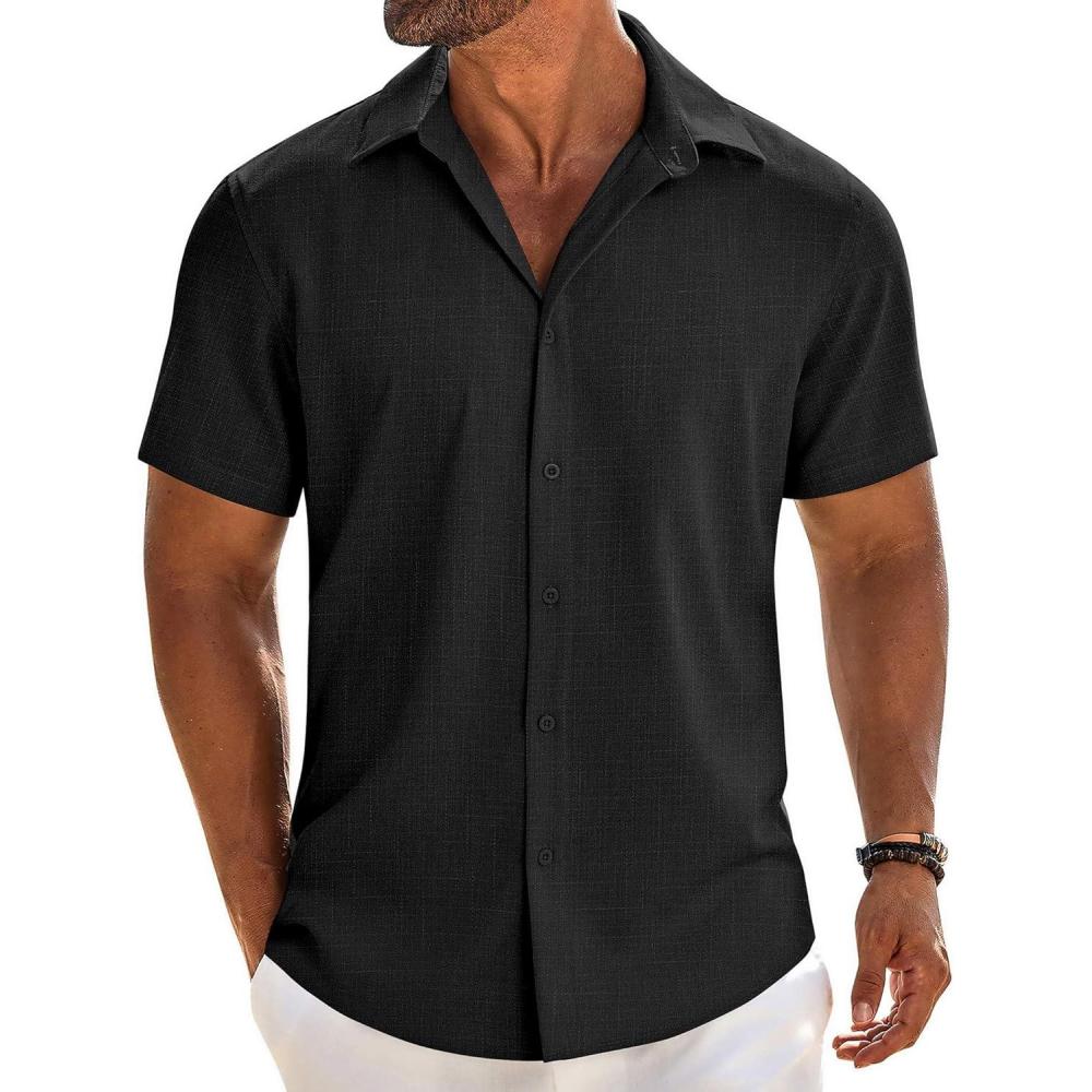 imageCOOFANDY Mens Button Down Shirt Short Sleeve Casual Shirts Beach Summer Linen Shirts Wedding Vacation ShirtBlack