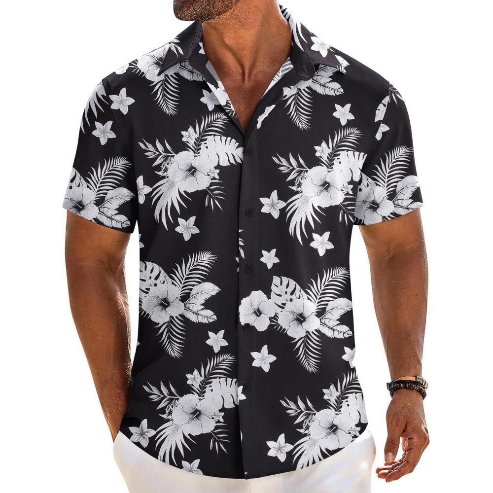imageCOOFANDY Mens Button Down Shirt Short Sleeve Casual Shirts Beach Summer Linen Shirts Wedding Vacation ShirtBlack Whiteflower