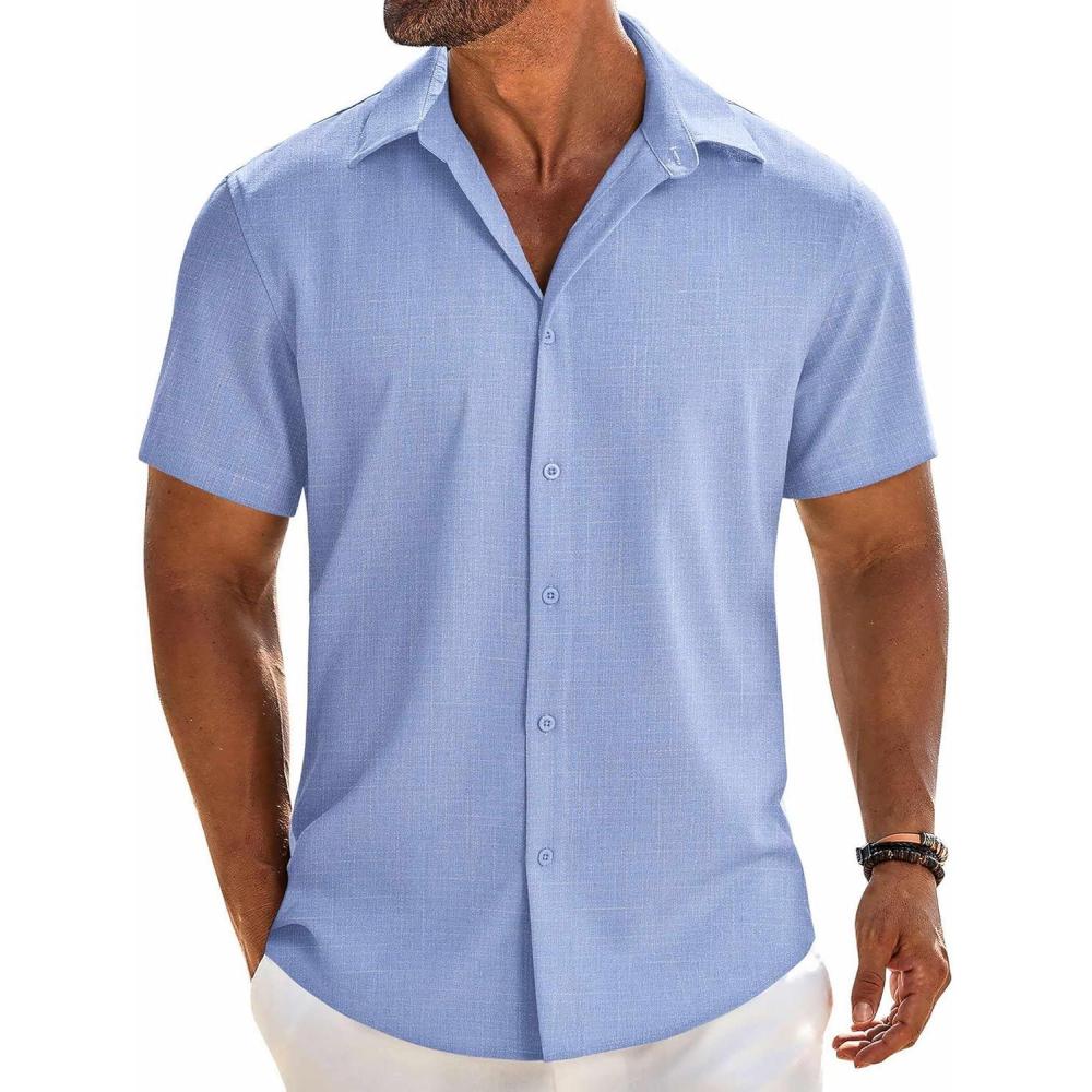 imageCOOFANDY Mens Button Down Shirt Short Sleeve Casual Shirts Beach Summer Linen Shirts Wedding Vacation ShirtBlue