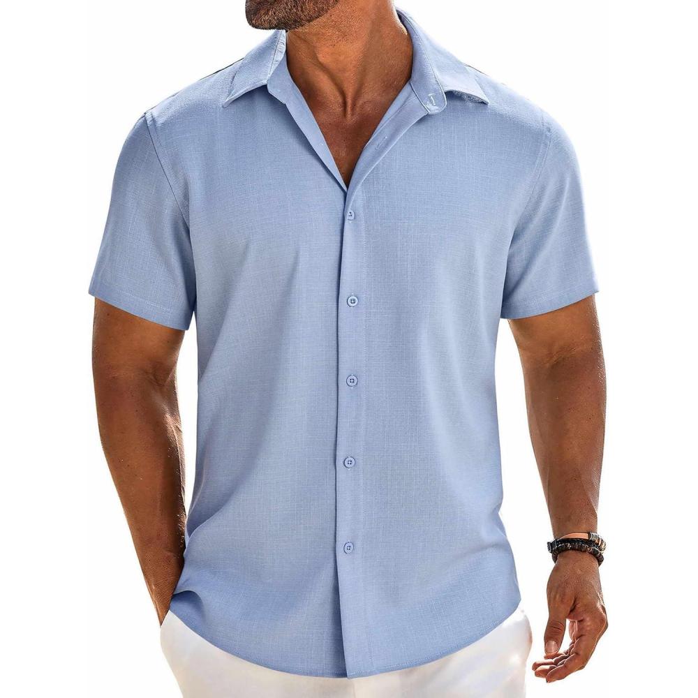 imageCOOFANDY Mens Button Down Shirt Short Sleeve Casual Shirts Beach Summer Linen Shirts Wedding Vacation ShirtClear Blue