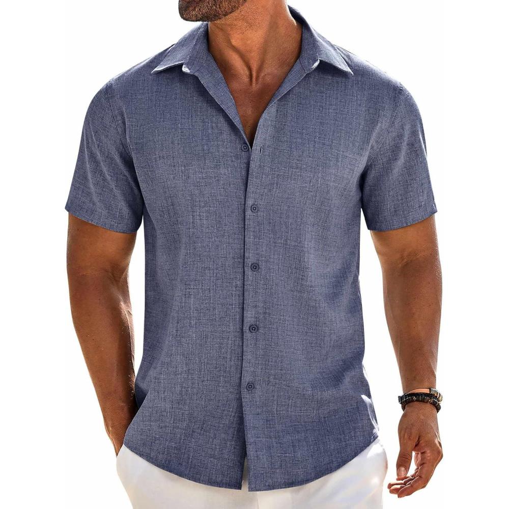 imageCOOFANDY Mens Button Down Shirt Short Sleeve Casual Shirts Beach Summer Linen Shirts Wedding Vacation ShirtDark Blue