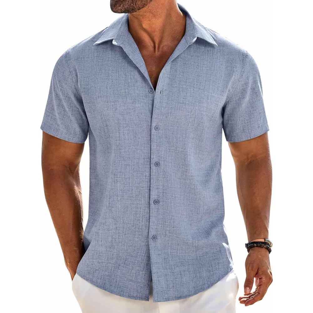 imageCOOFANDY Mens Button Down Shirt Short Sleeve Casual Shirts Beach Summer Linen Shirts Wedding Vacation ShirtDemin Blue