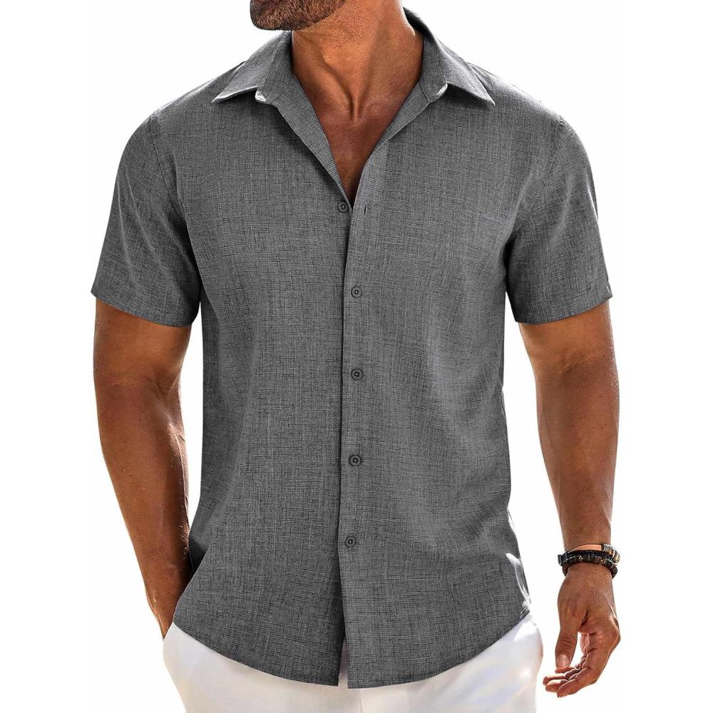 imageCOOFANDY Mens Button Down Shirt Short Sleeve Casual Shirts Beach Summer Linen Shirts Wedding Vacation ShirtGrey