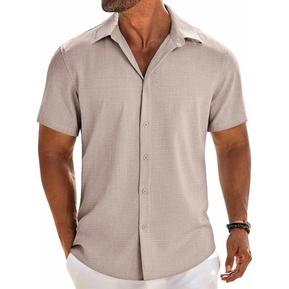 imageCOOFANDY Mens Button Down Shirt Short Sleeve Casual Shirts Beach Summer Linen Shirts Wedding Vacation ShirtKhaki