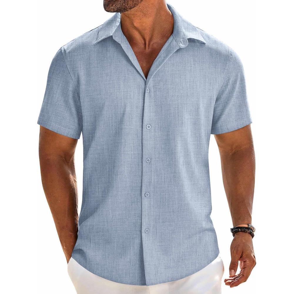 imageCOOFANDY Mens Button Down Shirt Short Sleeve Casual Shirts Beach Summer Linen Shirts Wedding Vacation ShirtLight Blue