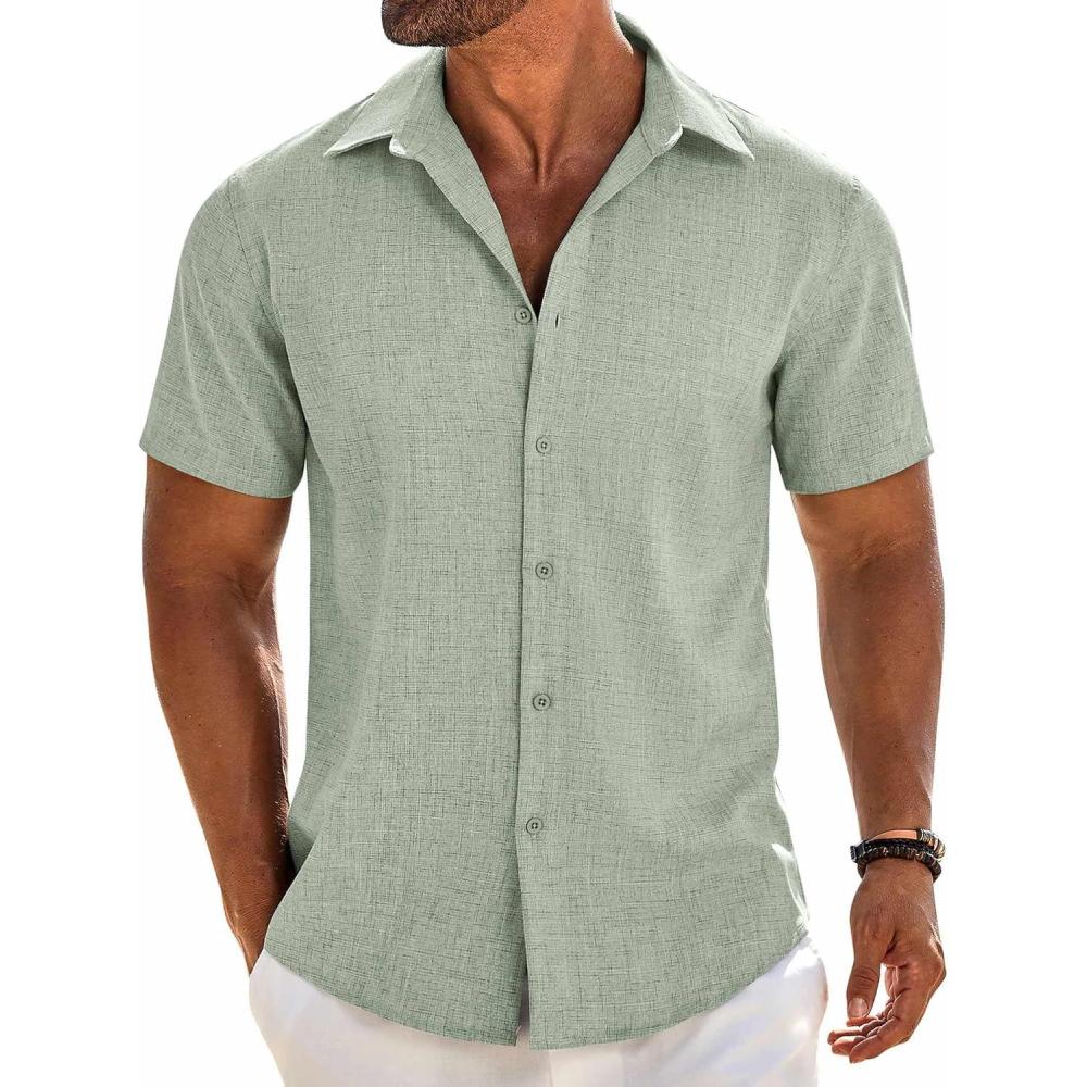imageCOOFANDY Mens Button Down Shirt Short Sleeve Casual Shirts Beach Summer Linen Shirts Wedding Vacation ShirtLight Green