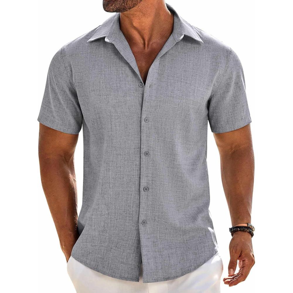 imageCOOFANDY Mens Button Down Shirt Short Sleeve Casual Shirts Beach Summer Linen Shirts Wedding Vacation ShirtLight Grey
